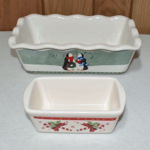 Vintage Nantucket Bread Loaf Pan Penguins Holiday Baking Stoneware Christmas